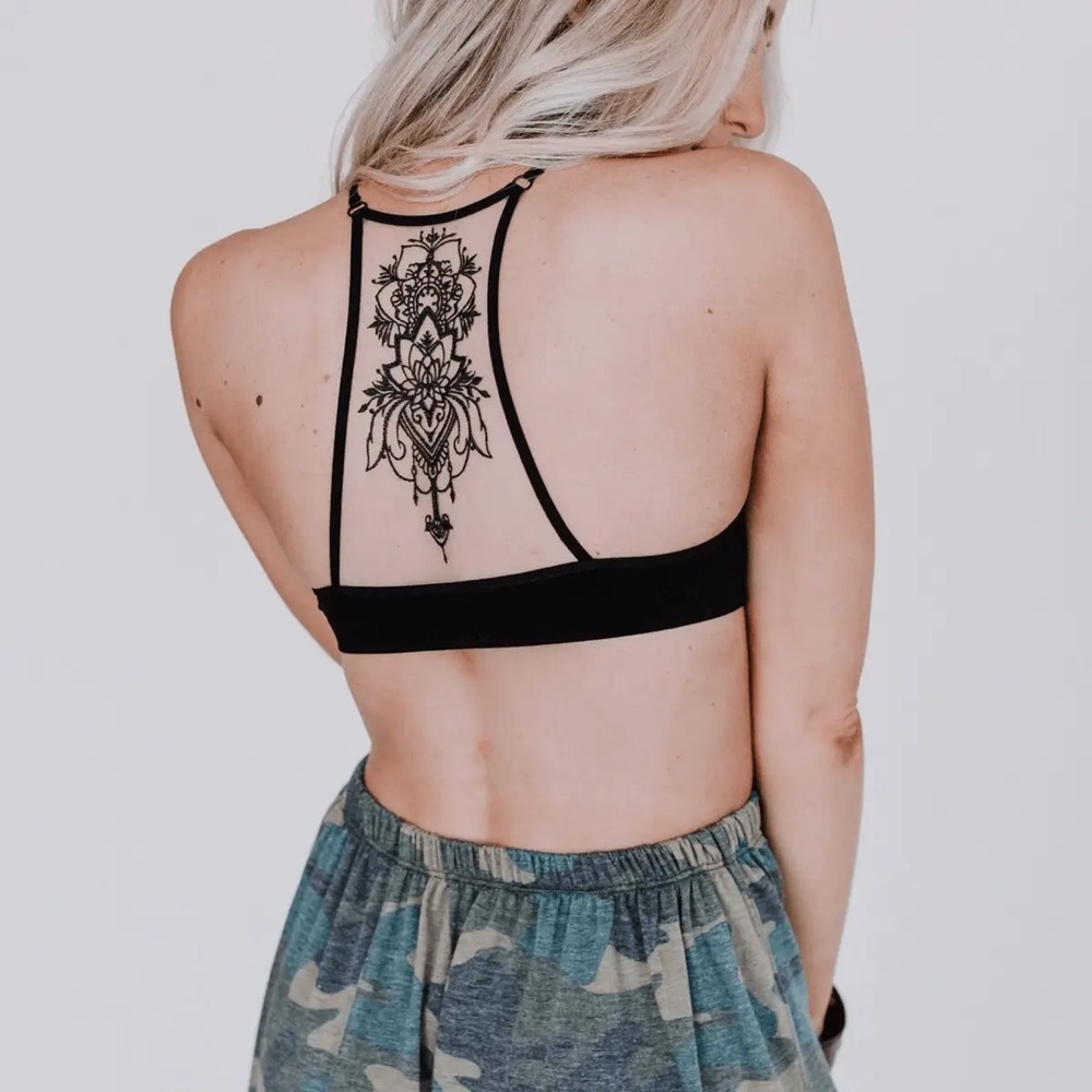 Black Boho Floral Lace Mesh Racerback Bralette